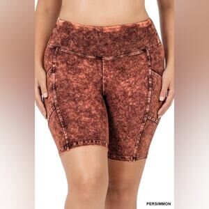 NEW! Zenana Plus Size Mineral Wash Biker Shorts w/ Pockets 3X Waist 18-21”